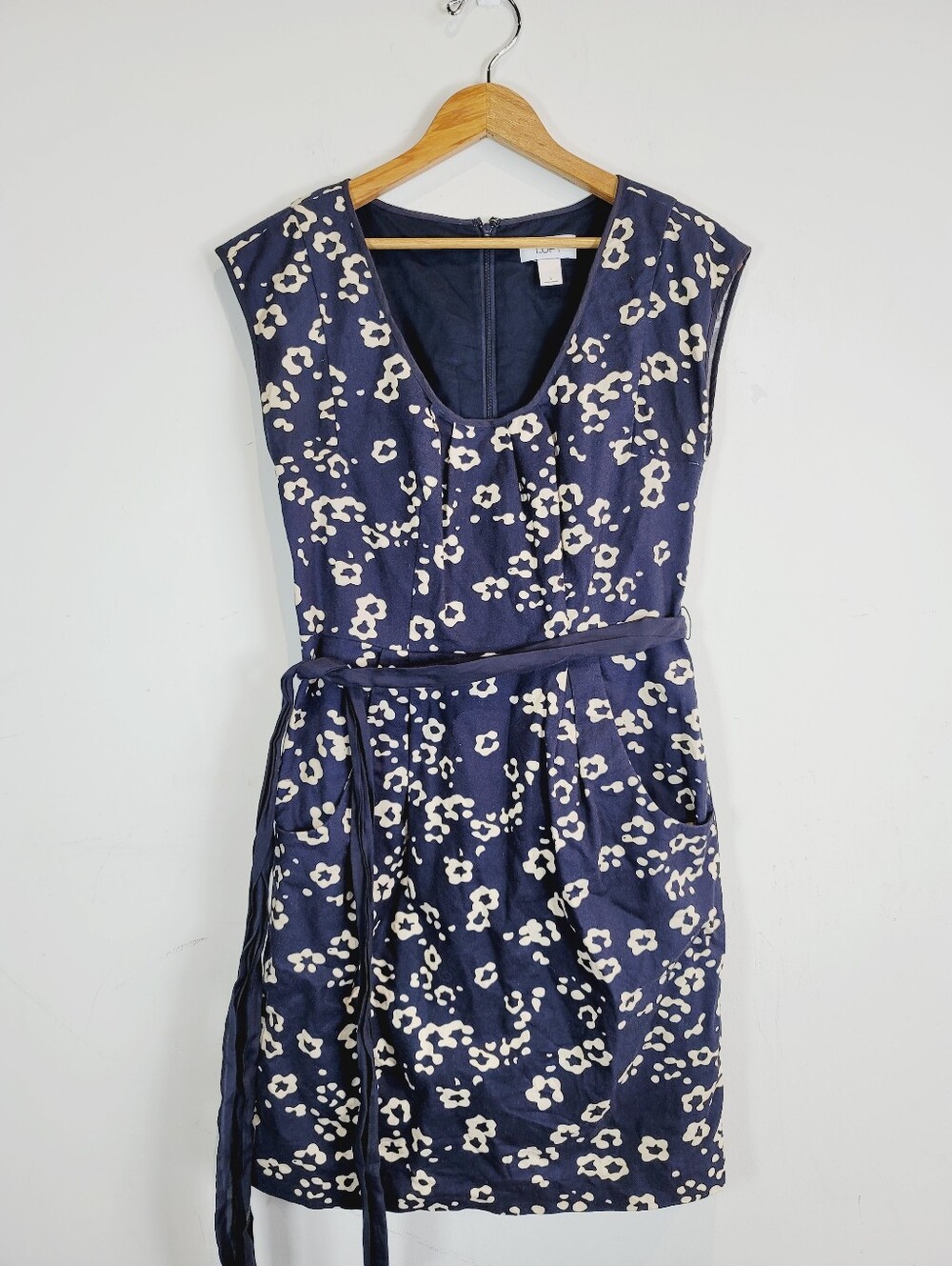 Loft Navy Floral Tie-Waist Dress, Size 2